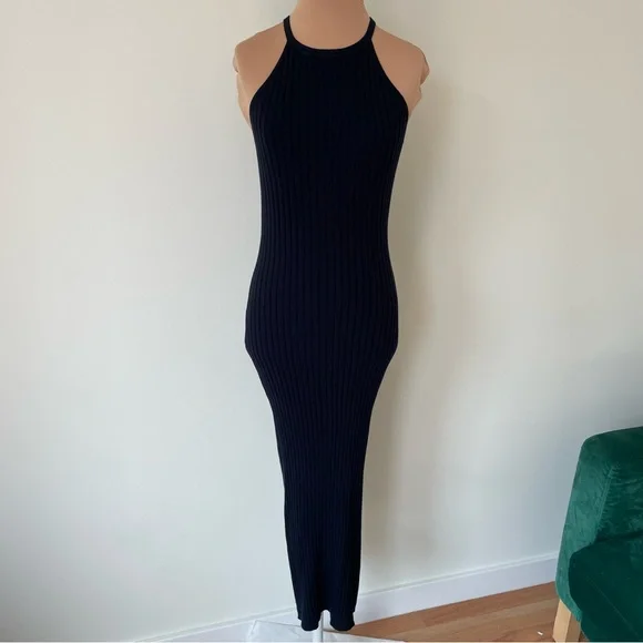 Autumn Cashmere Black Cotton Rib Knit Halter Midi Dress EUC Size Small - Picture 3 of 9